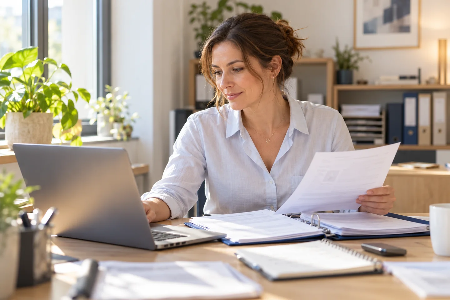 Une collaboratrice rapproche un document papier et les informations de son ordinateur dans un bureau lumineux