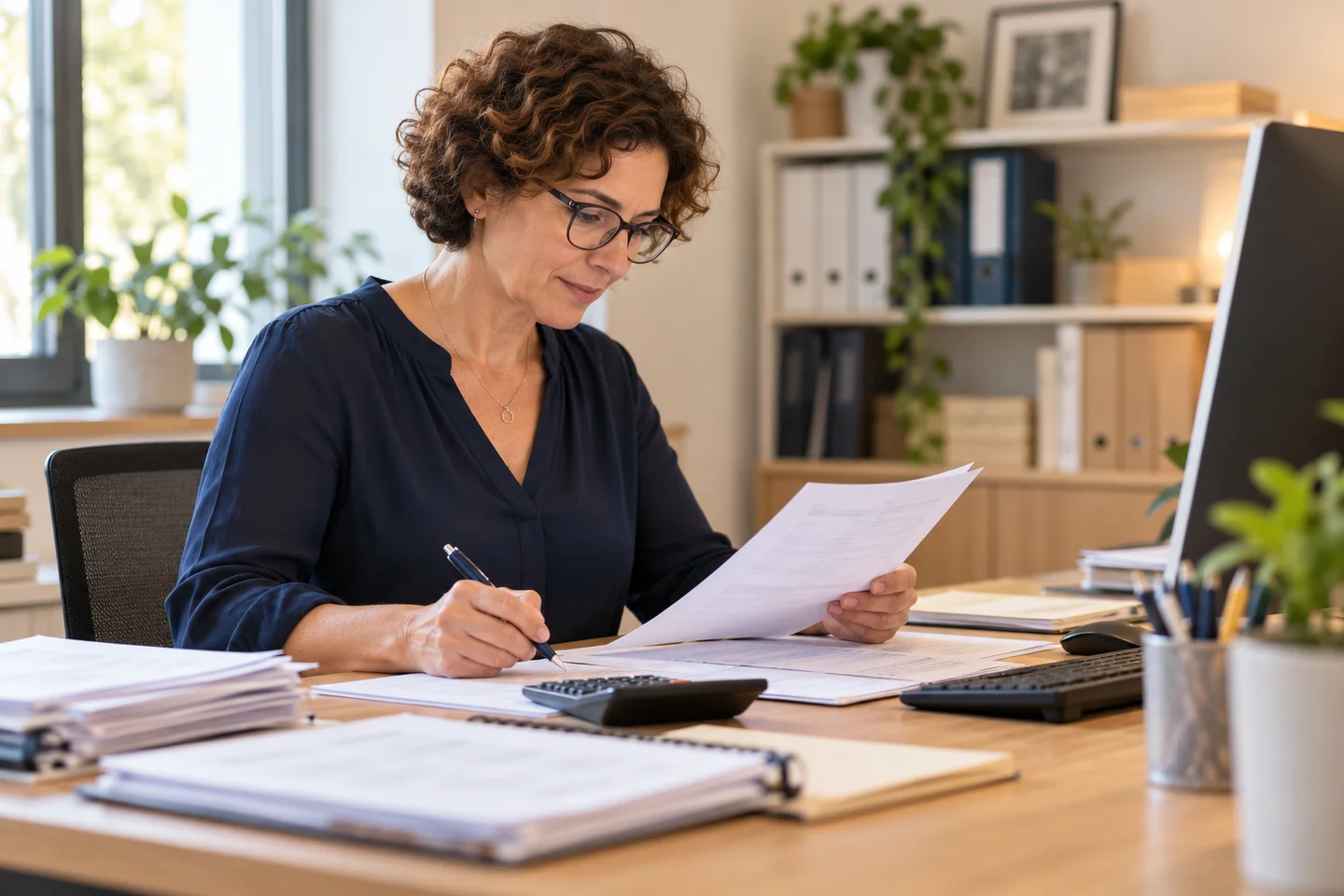 Une comptable vérifie des documents fournisseurs à son bureau, avec un ordinateur et une calculatrice