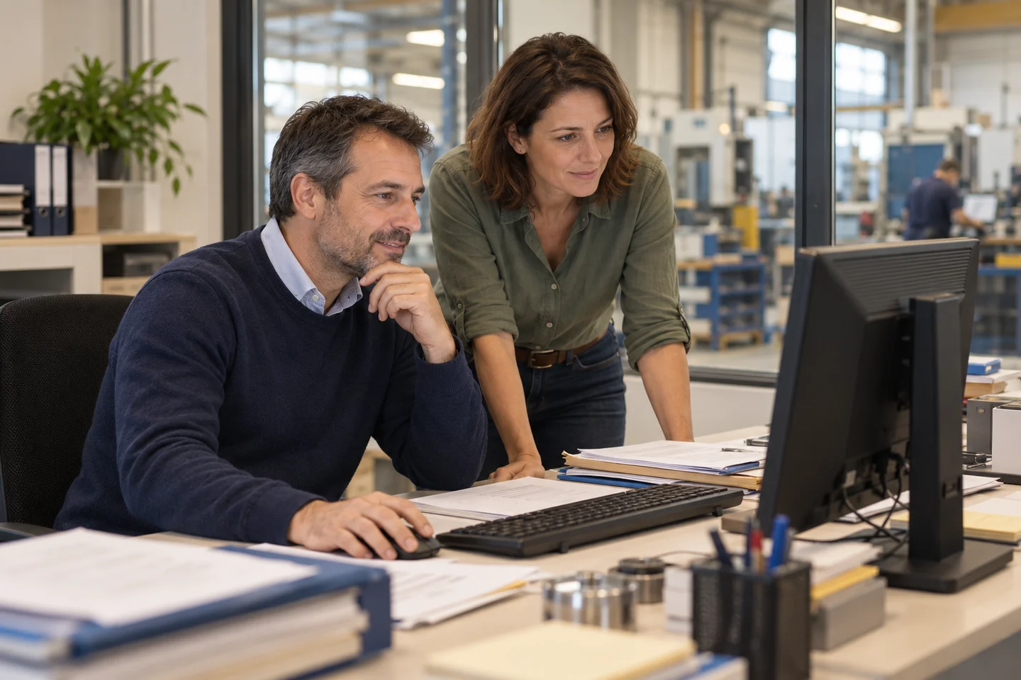 Deux professionnels étudient un poste de travail dans le bureau d’une PME industrielle