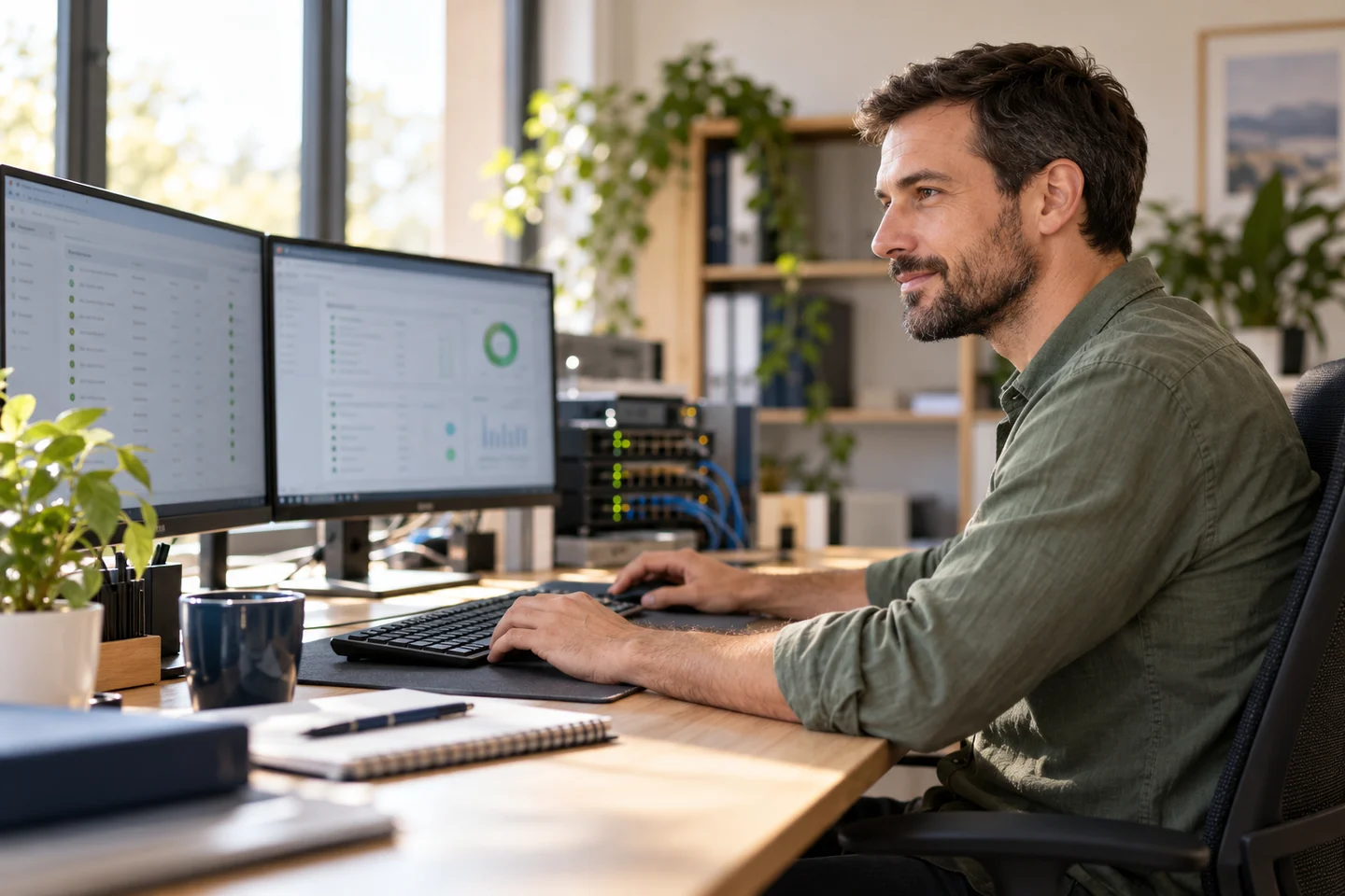 Un professionnel informatique consulte les états de supervision dans un bureau de PME éclairé par la lumière du jour