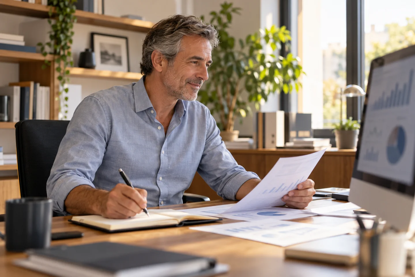 Un responsable d’entreprise consulte des indicateurs et des documents de synthèse à son bureau